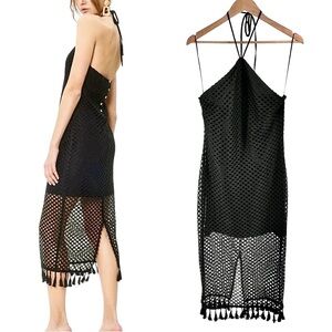 Idem Ditto NWT Womens Crochet Halter Midi Dress Size Large Black Fringe Tassels